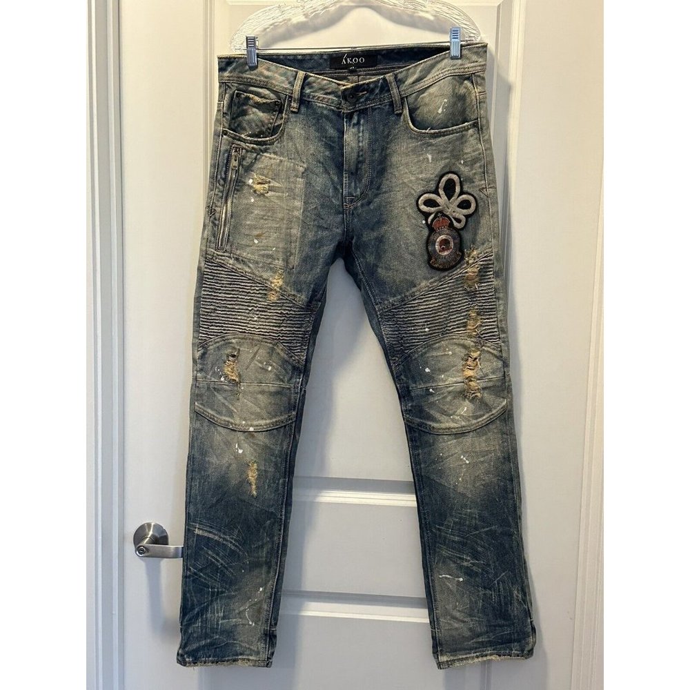 AKOO Mens Jeans  Slim Fit Blue‎ Denim Distressed Trust Nothing Patch  34W x 32L